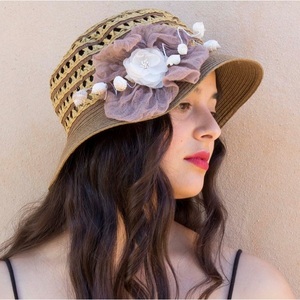 Ψάθινο διακοσμημένο γυναικείο καπέλο καφέ - λουλούδια, κοχύλι, romantic, ψάθινα - 2