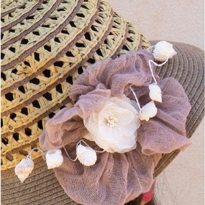 Ψάθινο διακοσμημένο γυναικείο καπέλο καφέ - λουλούδια, κοχύλι, romantic, ψάθινα - 3