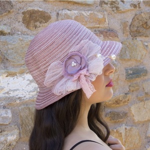 Ψάθινο διακοσμημένο με σύνθεση ροζ αντίκ γυναικείο καπέλο - λουλούδια, romantic, δώρα για γυναίκες, ψάθινα - 4