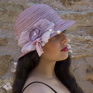 Ψάθινο διακοσμημένο με σύνθεση ροζ αντίκ γυναικείο καπέλο - λουλούδια, romantic, δώρα για γυναίκες, ψάθινα - 3
