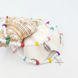 Κολιέ με ατσάλινο Κοχύλι cowrie, seed beads και πολύχρωμο χαολίτη. - ημιπολύτιμες πέτρες, κοχύλι, κοντά, boho - 4
