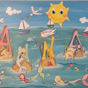 50*60 Παιδικός πίνακας με όνομα "Γοργόνες" - όνομα - μονόγραμμα, γοργόνα, προσωποποιημένα, παιδικοί πίνακες
