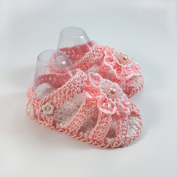 Πλεκτά ροζ καλοκαιρινά παπουτσάκια για κορίτσια/ παπούτσια για μωρά με λουλούδια/ 0-12/ Crochet pink summer booties for girls - κορίτσι, δώρο για νεογέννητο, βρεφικά ρούχα - 2