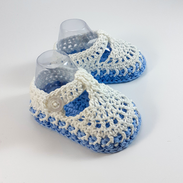 Πλεκτά μπλε-λευκά καλοκαιρινά παπούτσια για μωρά/ 0-12/ Crochet blue-white Summer booties for a babies/ - αγόρι, βρεφικά ρούχα - 2