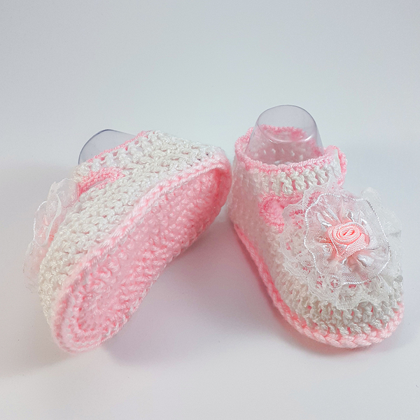 Πλεκτά λευκά-ροζ καλοκαιρινά παπουτσάκια για κορίτσια/ παπούτσια για μωρά με λουλούδια/ 0-12/ Crochet white-pink summer sandals for girls - κορίτσι, δώρο για νεογέννητο, βρεφικά ρούχα - 3