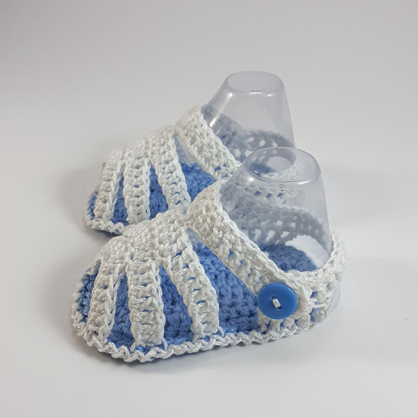 Πλεκτά λευκά-γαλάζια καλοκαιρινά σανδάλια για μωρά/ 0-12/ Crochet blue Summer booties for a babies - αγόρι, βρεφικά ρούχα - 2