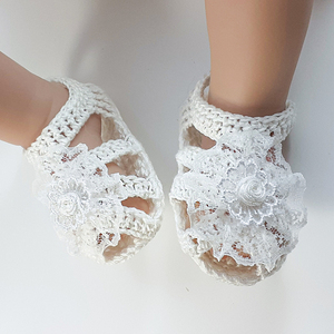 Πλεκτά λευκά καλοκαιρινά σανδάλια για κορίτσια/ παπούτσια για μωρά με λουλούδια/ 0-12/ Crochet white summer sandals for girls - κορίτσι, δώρο για νεογέννητο, βρεφικά ρούχα - 4