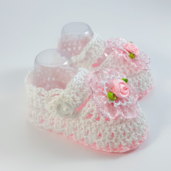 Πλεκτά λευκά-ροζ καλοκαιρινά παπουτσάκια για κορίτσια/ παπούτσια για μωρά με λουλούδια/ 0-12/ Crochet white-pink summer sandals with flowes for girls - κορίτσι, δώρο για νεογέννητο, βρεφικά ρούχα - 3