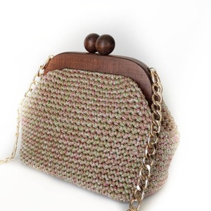 Χειροποίητη πλεκτή τσάντα με ξύλινο frame, 25cm - clutch, ώμου, all day, χειρός, βραδινές - 2
