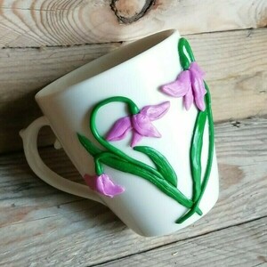 Τρισδιάστατη Χειροποίητη κούπα με πολυμερικό πηλό σχέδιο λουλούδι - λουλούδια, πηλός, πορσελάνη, κούπες & φλυτζάνια - 3