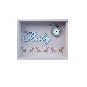 Baby Gift Box Σετ των 3 Σημαιάκια, Μαξιλάρι και Παιδικό Γούρι Φυλαχτό - Ματάκι για Νεογέννητο Καδράκι με Ελαφάκια Plexi Glass - αγόρι, plexi glass, σετ δώρου, μαξιλάρια, φυλαχτά - 3