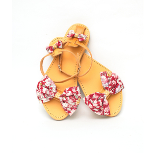 Cherry Blossom Sandals - δέρμα, φιόγκος, λουλούδια, χειροποίητα, φλατ, ankle strap