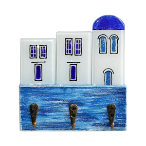 Ξύλινη Κλειδοθήκη με Γυάλινα Σπιτάκια 13χ12χ4,5 μπλε - amythito 671214058001 - ξύλο, γυαλί, χειροποίητα, σπιτάκι, κλειδοθήκες