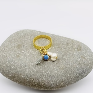 Δαχτυλίδι με κρεμαστά - Pearly blue - μαργαριτάρι, επιχρυσωμένα, ατσάλι, boho, αυξομειούμενα - 3