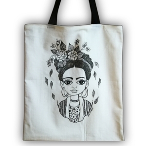 Τσάντα ζωγραφισμένη πανινη χειροποιητη ~30Χ35, οικολογική tote bag, shopper ΦΡΙΝΤΟΥΛΑ ασπρόμαυρη Φρίντα - ύφασμα, all day, πάνινες τσάντες