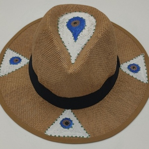 Ψάθινο καπέλο ζωγραφισμένο στο χέρι evil eyes - ψάθινα