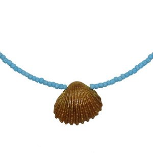 Ατσάλινο κολιέ με κοχύλι από πολυμερικό πηλό - charms, πηλός, κοντά, ατσάλι, seed beads, επιχρυσωμένο στοιχείο - 2