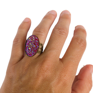 Δαχτυλίδι σε οβάλ μπρούντζινη βάση και ροζ καμπουσόν - plexi glass, μπρούντζος, μεγάλα, αυξομειούμενα, φθηνά - 4