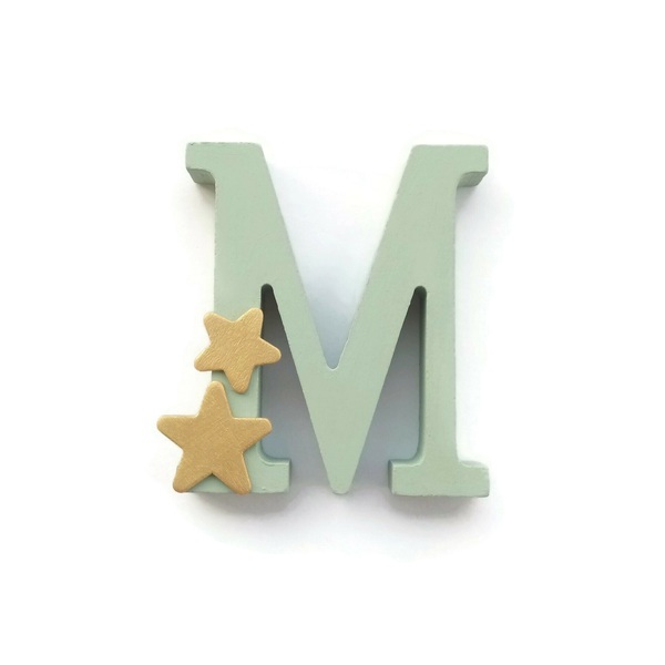 Ξύλινο Μονόγραμμα με Αστέρια Χρυσά 11 εκ Πράσινο Παστέλ ξύλο - κορίτσι, αγόρι, όνομα - μονόγραμμα, διακοσμητικά, προσωποποιημένα
