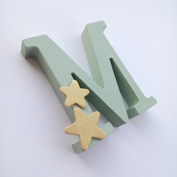 Ξύλινο Μονόγραμμα με Αστέρια Χρυσά 11 εκ Πράσινο Παστέλ ξύλο - κορίτσι, αγόρι, όνομα - μονόγραμμα, διακοσμητικά, προσωποποιημένα - 3