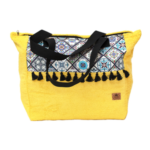 Κίτρινη πετσετέ XL χειροποίητη τσάντα με boho pattern - ύφασμα, ώμου, μεγάλες, all day, boho