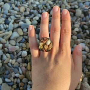 Γυναικείο δαχτυλίδι με υγρό γυαλί και κοχύλια - γυαλί, ατσάλι, μεγάλα, αυξομειούμενα, φθηνά - 2