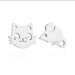 Σκουλαρίκια με γάτα και ποντίκι - καρφωτά, μικρά, ατσάλι