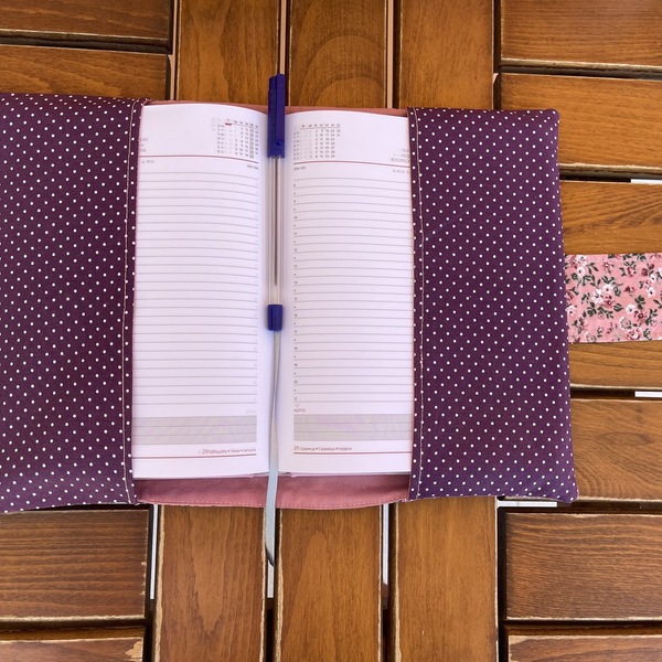 Θήκη για βιβλίο/ημερολόγιο με σελιδοδείκτη σε ροζ/γκρι φλοράλ - ύφασμα, σελιδοδείκτες, φλοράλ, θήκες βιβλίων, προστασία - 3