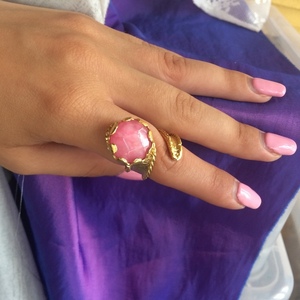 Μπρούντζινο επίχρυσο φιδωτό δαχτυλίδι με ροζ αχάτη - ημιπολύτιμες πέτρες, επιχρυσωμένα, μπρούντζος, μεγάλα, αυξομειούμενα - 3