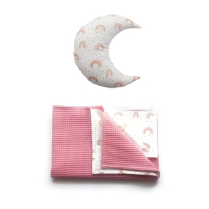 Baby Gift Box Σετ των 2 Μαξιλάρι Φεγγαράκι, Κουβέρτα Πικέ ροζ Ουράνια Τόξα 1 x 0,70εκ - κορίτσι, φεγγάρι, σετ δώρου, μαξιλάρια, κουβέρτες