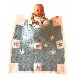 πλεκτή κουβερτούλα μωρού "stars in the sky", 59 x 59 εκ περίπου σε μλε και λευκό με ακρυλικό νήμα - κορίτσι, αγόρι, κουβέρτες - 3