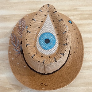 Ψάθινο καπέλο - Panama evil eye style - ζωγραφισμένα στο χέρι, ψάθινα - 4
