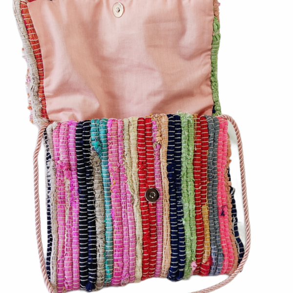 Τσάντα κουρελού με πούλιες και ροζ πον πομ - ύφασμα, φάκελοι, ώμου, κουρελού, boho - 4
