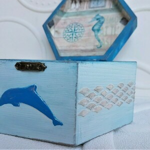 Ξύλινο Κουτί 15,5cm x13,5cm x 8,5cm Μπλε Θάλασσα - ξύλο, οργάνωση & αποθήκευση, δώρα για γυναίκες - 4