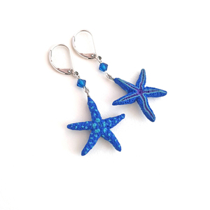 Μπλε αστερίες κρεμαστά σκουλαρίκια - γυαλί, πηλός, ατσάλι, κρεμαστά, γάντζος - 2