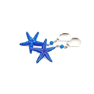 Μπλε αστερίες κρεμαστά σκουλαρίκια - γυαλί, πηλός, ατσάλι, κρεμαστά, γάντζος - 4
