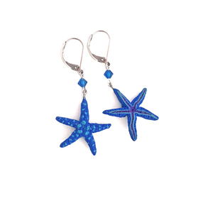 Μπλε αστερίες κρεμαστά σκουλαρίκια - γυαλί, πηλός, ατσάλι, κρεμαστά, γάντζος - 5