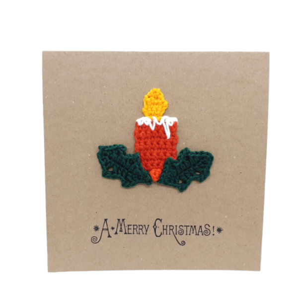 Κάρτα με πλεκτό χριστουγεννιάτικο κερί - νήμα, βελονάκι, χριστουγεννιάτικα δώρα, ευχετήριες κάρτες