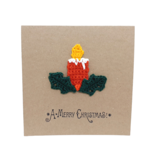 Κάρτα με πλεκτό χριστουγεννιάτικο κερί - νήμα, βελονάκι, χριστουγεννιάτικα δώρα, ευχετήριες κάρτες