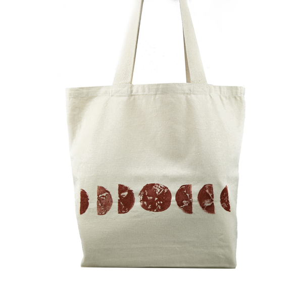 Υφασμάτινη τσάντα ώμου ζωγραφισμένη στο χέρι | Σελήνη - Teracotta - ύφασμα, μεγάλες, all day, tote, πάνινες τσάντες