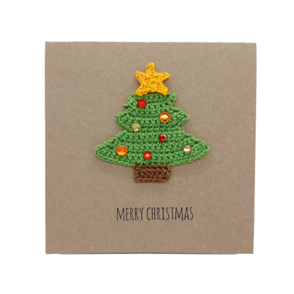 Κάρτα με πλεκτό χριστουγεννιάτικο δέντρο - crochet, πλεκτή, ευχετήριες κάρτες, δέντρο