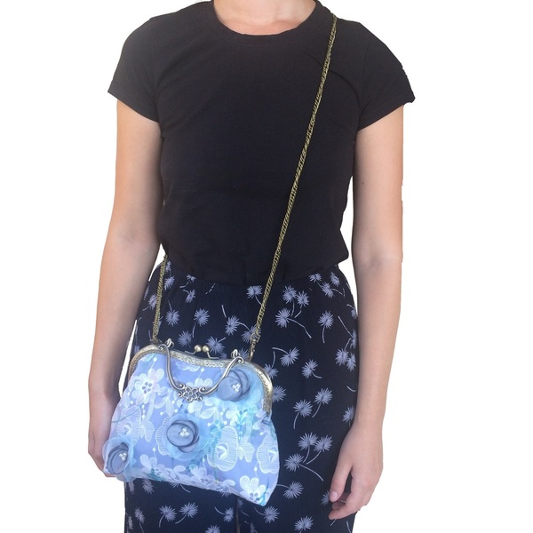 Vintage Clutch τσάντα γαλάζιο-ραφ από οργάντζα οργάντζα με ραφ λουλούδια 24*19,5*7cm - ύφασμα, clutch, χιαστί, all day, μικρές - 4