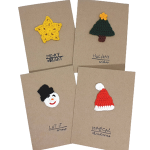 Σετ 4 καρτών με πλεκτά χριστουγεννιάτικα σχέδια - αστέρι, χιονάνθρωπος, άγιος βασίλης, ευχετήριες κάρτες, δέντρο