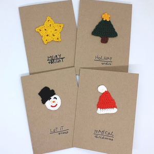 Σετ 4 καρτών με πλεκτά χριστουγεννιάτικα σχέδια - αστέρι, χιονάνθρωπος, άγιος βασίλης, ευχετήριες κάρτες, δέντρο - 3