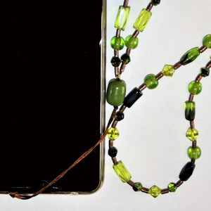 Λουράκι κινητού με πράσινες γυάλινες και χάλκινες χάντρες - χαλκός, κορδόνια, χάντρες, λουράκια - 4