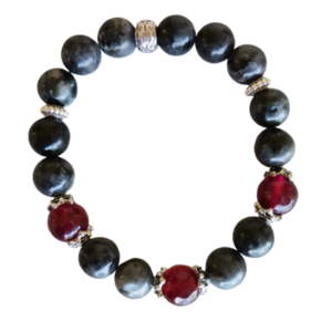 Βραχιόλι με μαύρο λαρβικίτη και κόκκινο νεφρίτη - ημιπολύτιμες πέτρες, χεριού, αυξομειούμενα