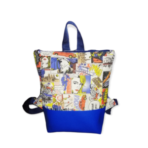 Backpack pop Art, μπλε δερματίνη 35*33*9 cm - ύφασμα, πλάτης, μεγάλες, all day, δερματίνη
