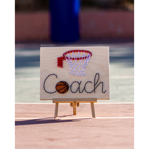 Ξύλινο κάδρο με καρφιά & κλωστές "Basket Coach" 30x25cm - πίνακες & κάδρα, δώρο - 5