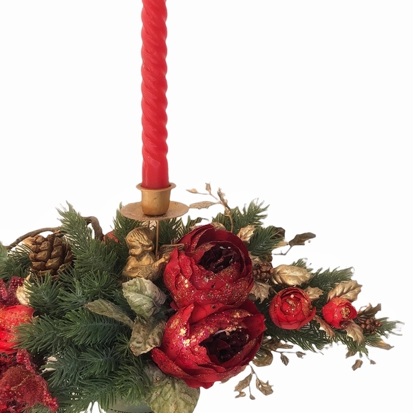 Χριστουγεννιάτικο διακοσμητικό κηροπήγιο αγγελάκι και κόκκινα παιώνια και κουκουνάρια - κεριά & κηροπήγια - 2