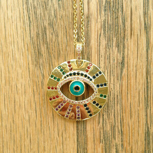 Κολιέ Μάτι σε χρυσό χρώμα με πολύχρωμες πολύτιμες πέτρες ζιργκόν - charms, επιχρυσωμένα, κολιέ, μάτι, boho - 4